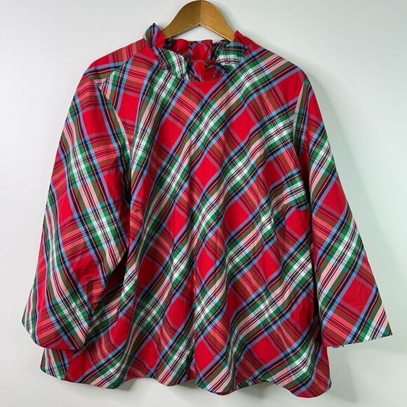 Lands' End Tops - Lands’ End Red Tartan Plaid Ruffle Neck Blouse 3X 100% Cotton Holiday Top